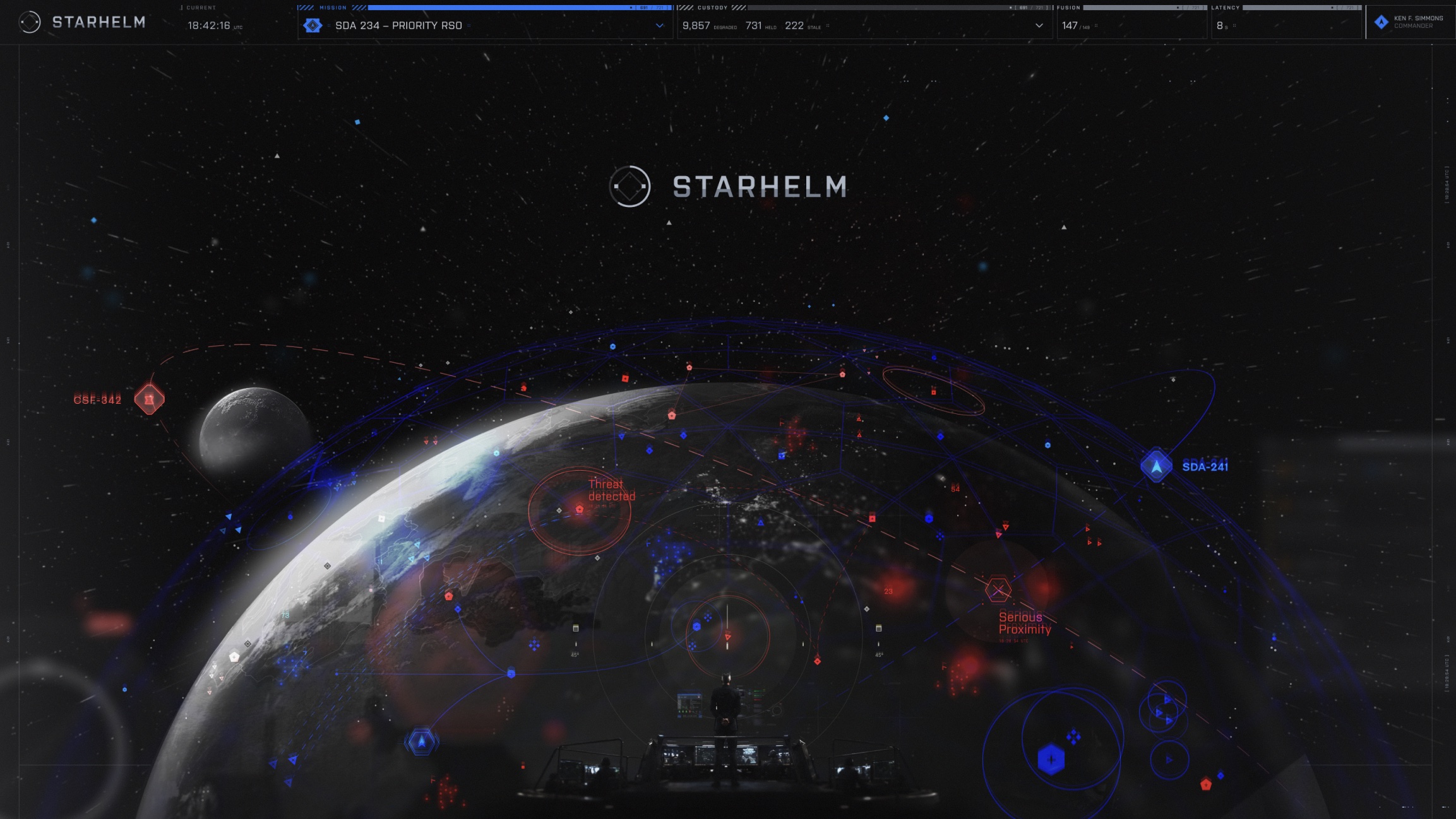 STARHELM command-theater concept showing a commander and an orbital mission picture